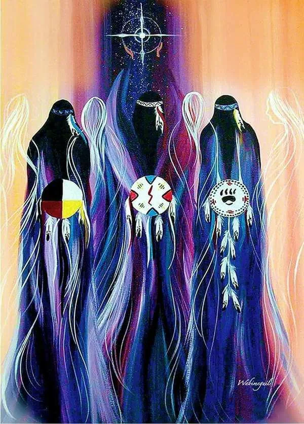 Painting of three cloaked Indigenous figures in flowing blue and purple robes, each bearing a feathered shield—a medicine wheel, a lightning design and a bear paw—beneath a star, with pale spirit figures around them.