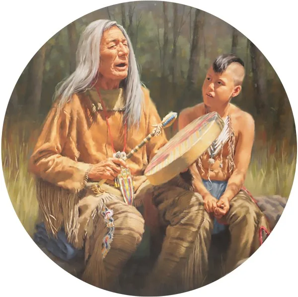Painting of a silver-haired elder in fringed buckskin singing and holding a hand drum and beater, while a young boy sits beside him listening in a forest clearing.