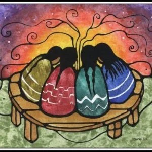 Painting of four figures with long black hair seen from behind, wrapped in colorful patterned blankets and seated together on a round wooden bench beneath a glowing, star-filled sky.