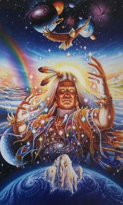 Painting of an Indigenous elder with long white hair and eagle feathers, hands raised amid stars, with an eagle, planets, a rainbow, and a white buffalo above Earth.