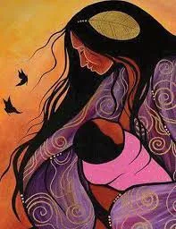 Painting in Woodland style of a long-haired Indigenous mother in a purple robe with swirling patterns, cradling an infant wrapped in pink, birds flying against an orange sky.