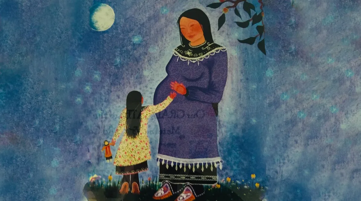Painting of a pregnant Indigenous woman in a purple dress with beaded collar and moccasins, a hand on her belly, as a young girl holding a doll reaches toward her under a full moon.