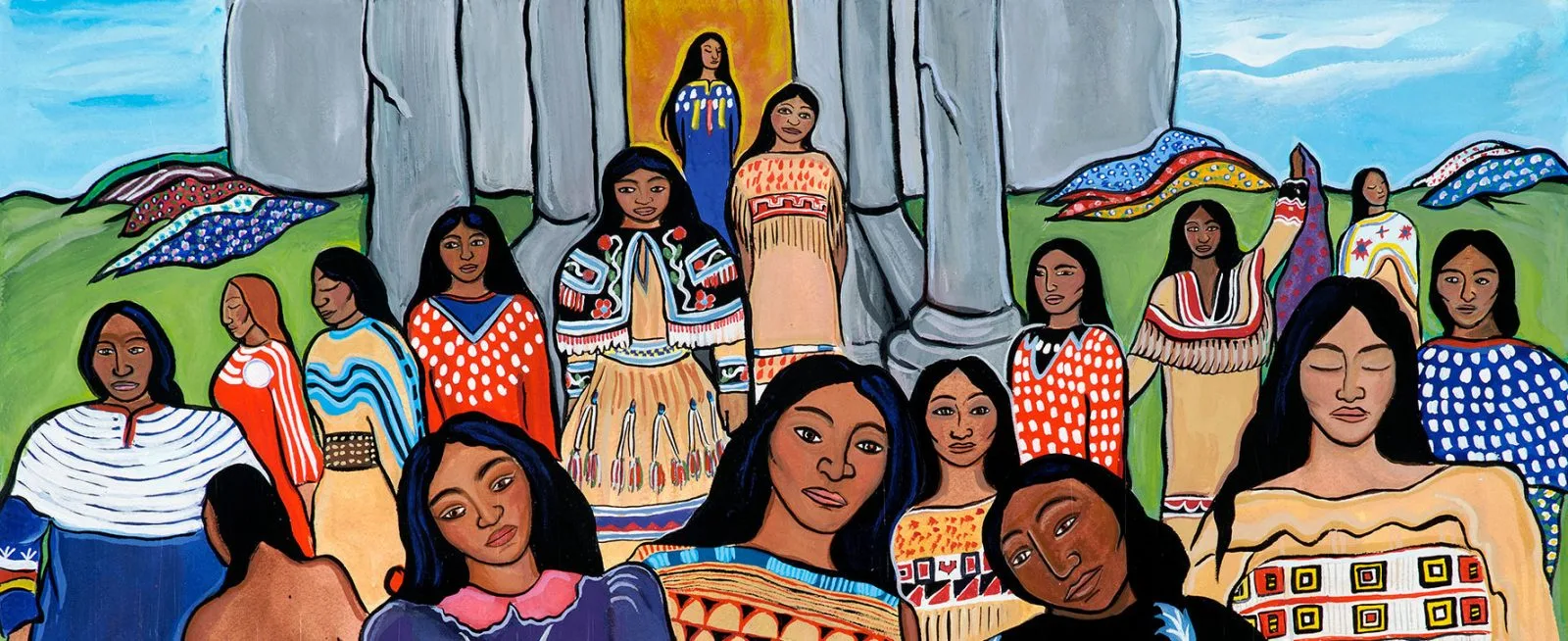 Colorful painting of many Indigenous women with long dark hair in traditional dresses of bold patterns, gathered before tall grey stone pillars under a blue sky, a woman in blue standing in a glowing doorway.
