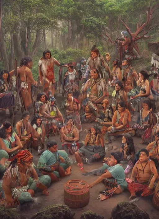 Painted scene of a large Indigenous community gathered in a forest clearing, people of all ages in traditional dress sitting in a circle around a drum.
