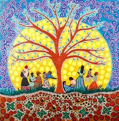 Colourful painting of a large red tree against a glowing yellow sun and purple swirling sky, with Indigenous women and children gathered beneath it and roots spreading into the earth.