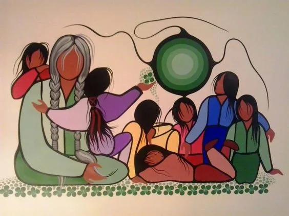 Colorful Woodland-style painting of an elder with long grey braids seated with children and young women in bright clothing, beneath a green circular sun, with clover-like plants along the ground.
