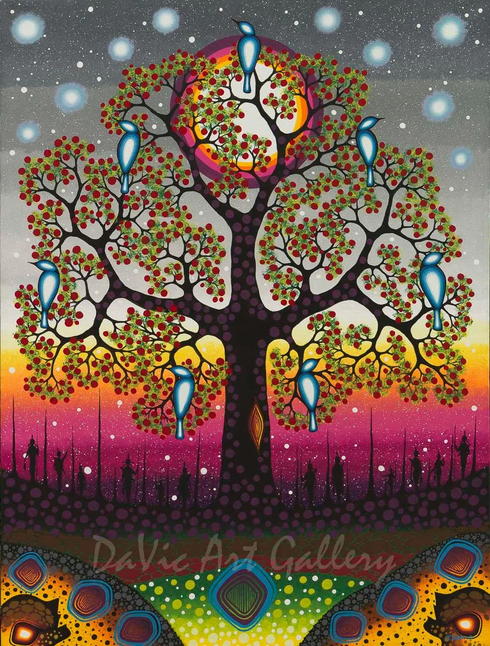 Painting by James Jacko of a dark tree with red and green dotted foliage and blue birds on its branches, set against a glowing sun, starry sky, and silhouetted dancing figures.
