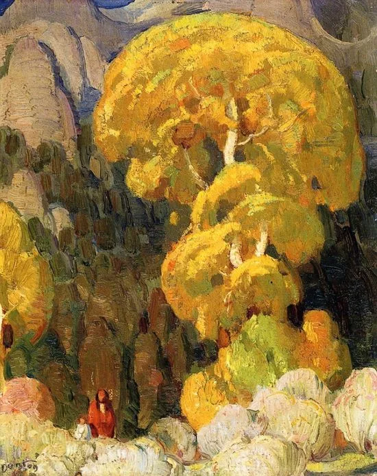 Painting of tall cottonwood trees in brilliant golden autumn leaves against dark hills and mountains, with two small figures, one in a red blanket, seated at the bottom left.