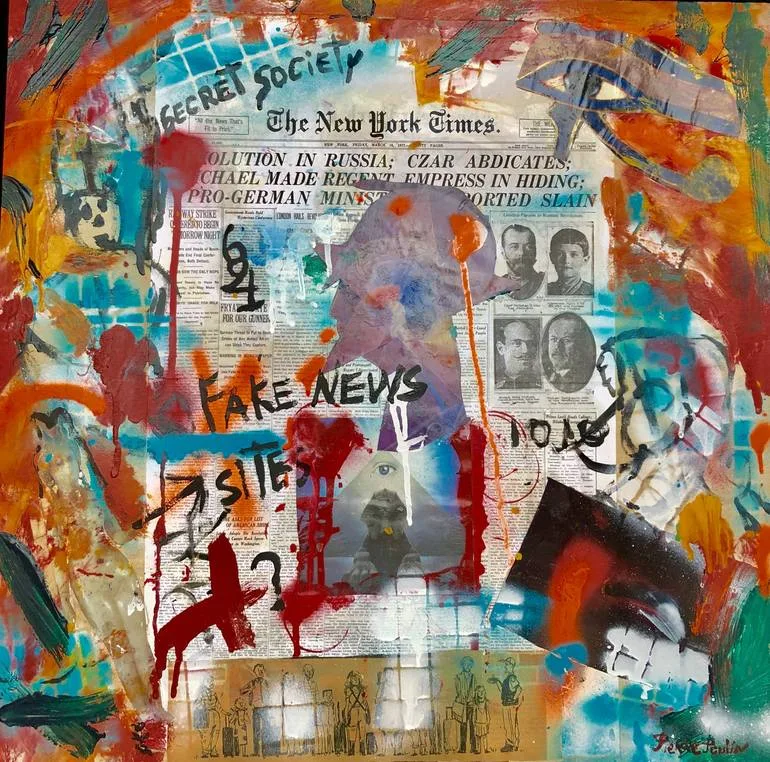 Mixed-media collage painting with splashes of orange, red and blue paint over a vintage New York Times front page about revolution in Russia, with hand-scrawled words "Secret Society" and "Fake News."