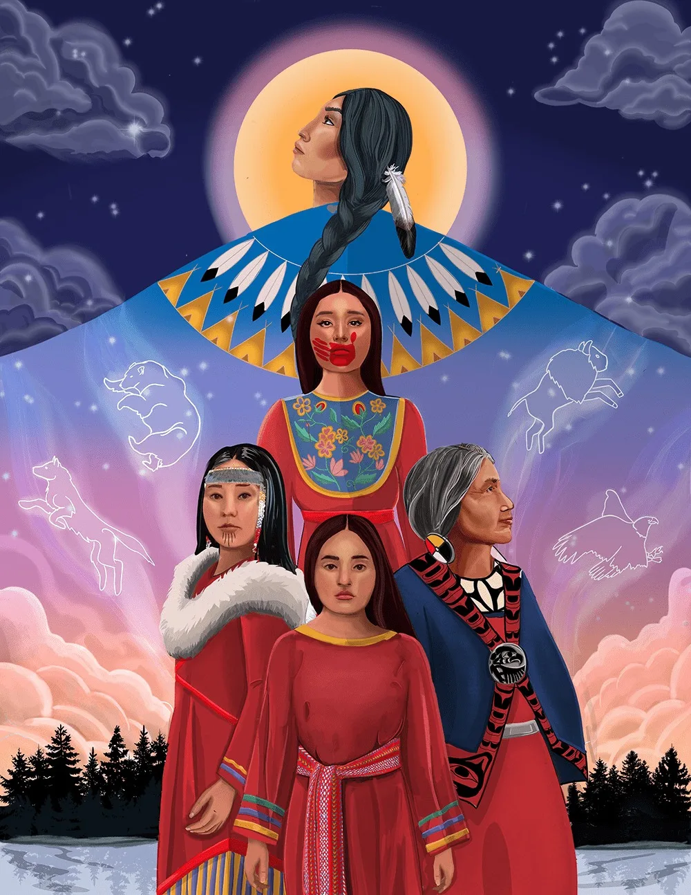 Illustration of five Indigenous women in red regalia, one with a red handprint over her mouth, beneath a woman in a feathered blue shawl before a glowing moon, with animal constellations.