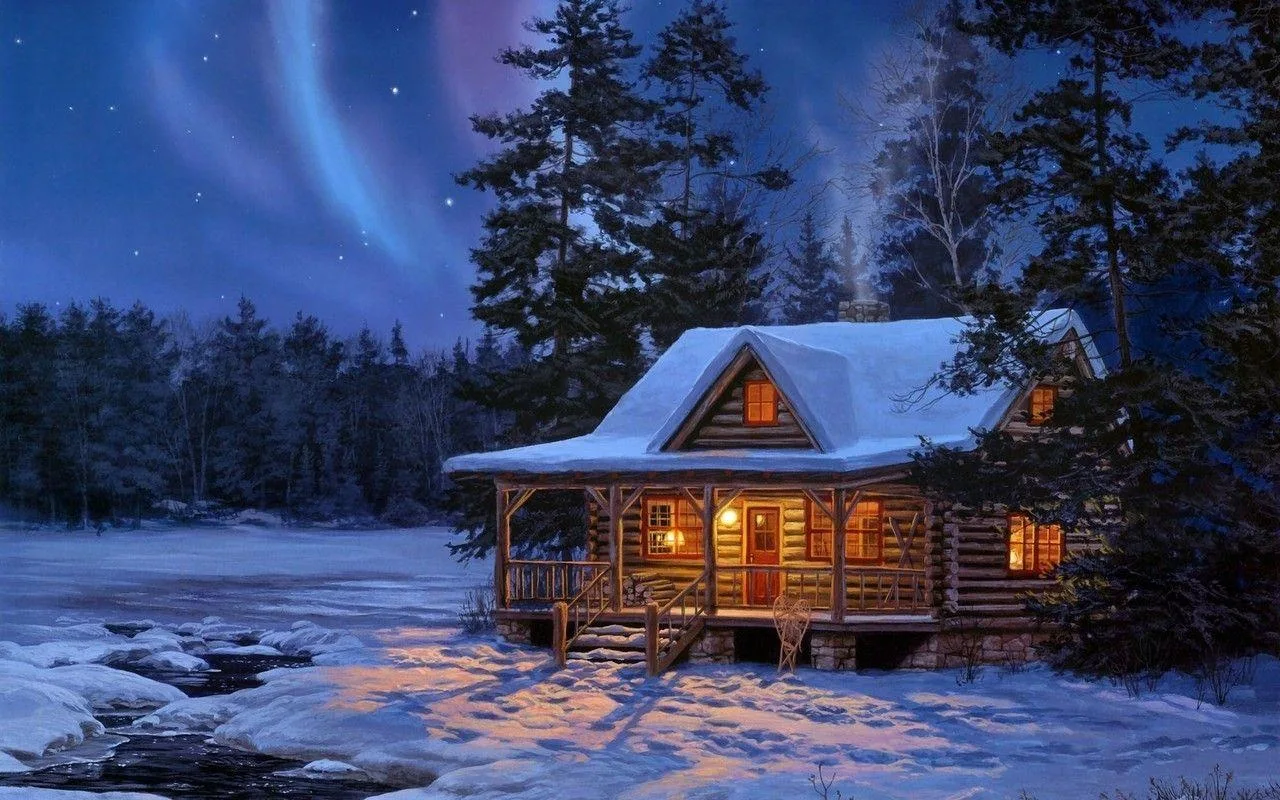 Painting of a snow-covered log cabin at night, its windows and porch glowing warmly, beside a frozen stream and tall pines under a starry sky with northern lights.