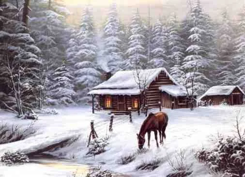 Painting of a snow-covered log cabin with glowing windows and smoke rising from the chimney, set among snowy pine trees, with a brown horse grazing in the snow nearby.