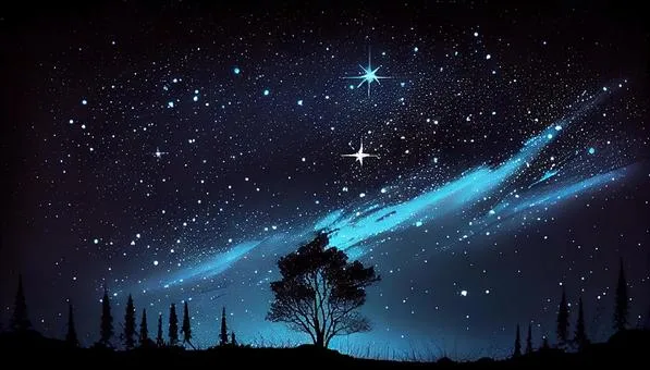A starry night sky with a band of glowing blue light sweeping across it, above the silhouette of a lone tree and a line of evergreens.