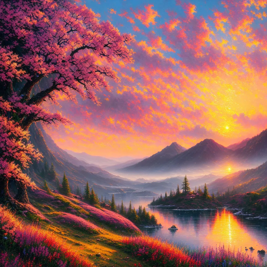Painting of a pink-blossomed tree on a flowered hillside above a misty lake, with mountains and a glowing sunset sky of orange and pink clouds.