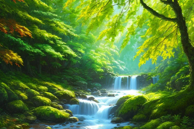 A sunlit forest with moss-covered rocks and a clear stream cascading over small waterfalls beneath green and golden trees.