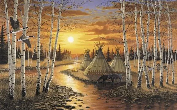 Painting of tipis beside a winding stream at sunset, with horses drinking, a small campfire, birch trees, and geese flying under a golden sky.