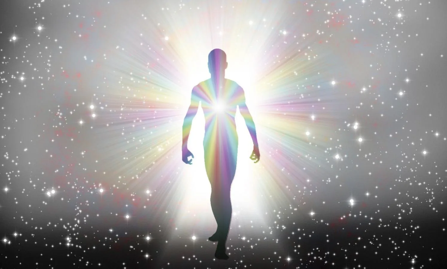 A glowing human silhouette filled with rainbow colors walks forward, radiant light bursting from its chest against a background of sparkling stars.