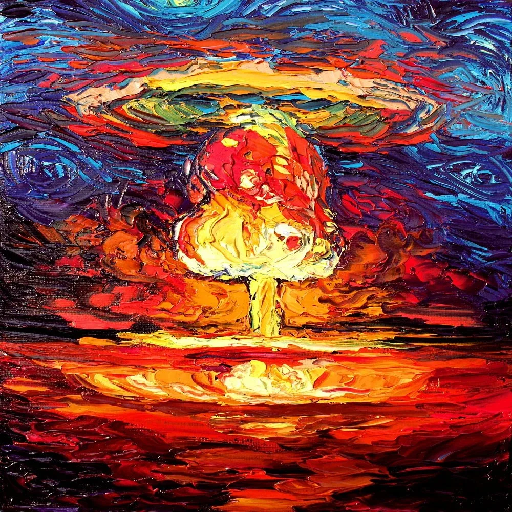 Thickly textured, swirling painting of a mushroom cloud explosion in red, orange and yellow, rising over a fiery horizon beneath a deep blue sky.