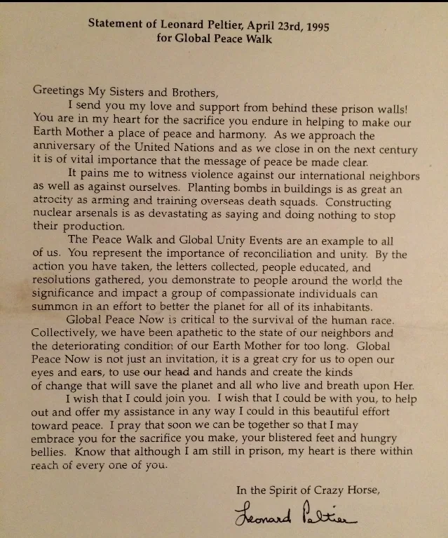 Typed letter titled "Statement of Leonard Peltier, April 23rd, 1995 for Global Peace Walk," sending love from prison to peace walkers, signed "In the Spirit of Crazy Horse, Leonard Peltier."