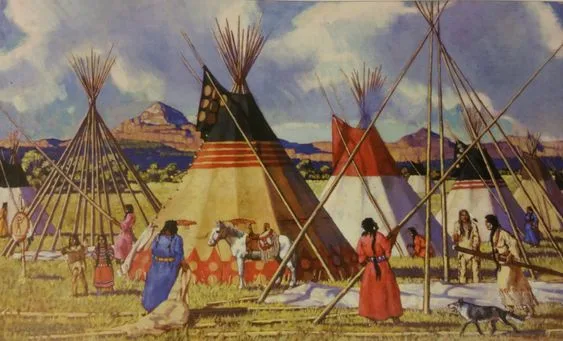 Painting of a Plains camp with painted tipis and bare lodge poles, women in long dresses, a horse and a dog, beneath red mesas and a cloudy sky.