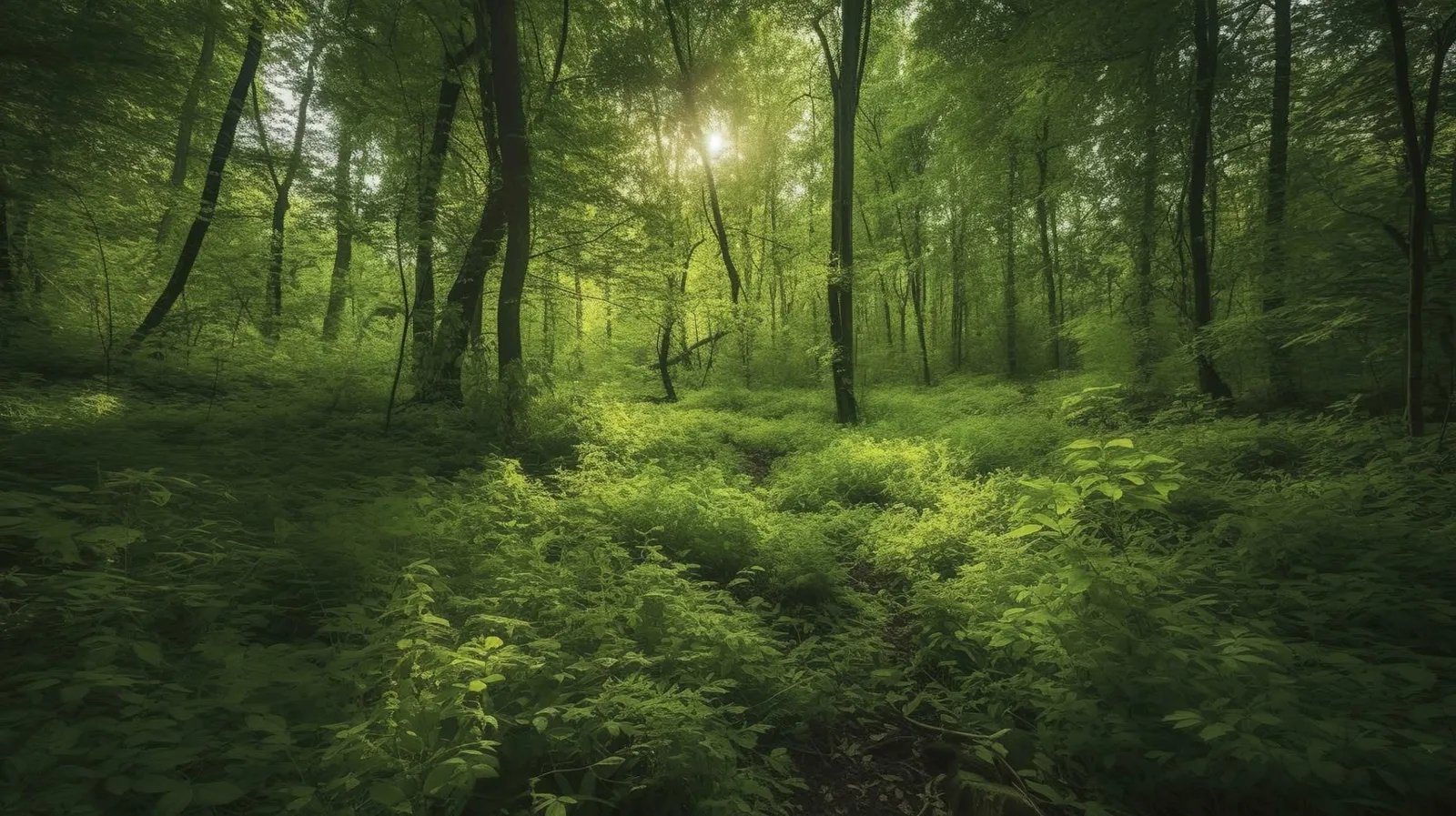 Sunlight filtering through tall, slender trees in a lush green forest, with dense leafy undergrowth covering the forest floor.