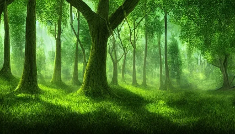 A sunlit forest of tall, moss-covered trees rising from soft green grass, with misty green light filtering through the canopy.