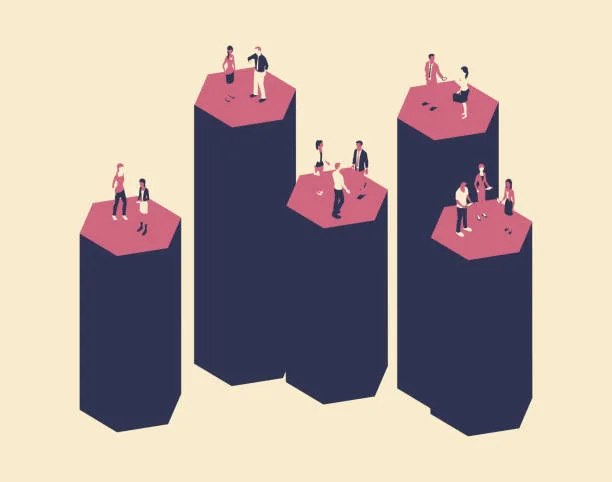 Illustration of five separate tall hexagonal pillars of different heights, each topped with a small group of people talking among themselves, isolated from the other groups.