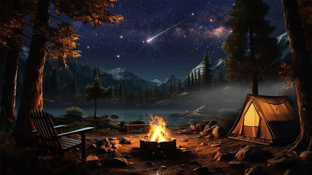 A campfire burns in a stone ring at a forest campsite at night, with a wooden chair, a glowing tent, a misty lake and mountains beneath a starry sky with a shooting star.
