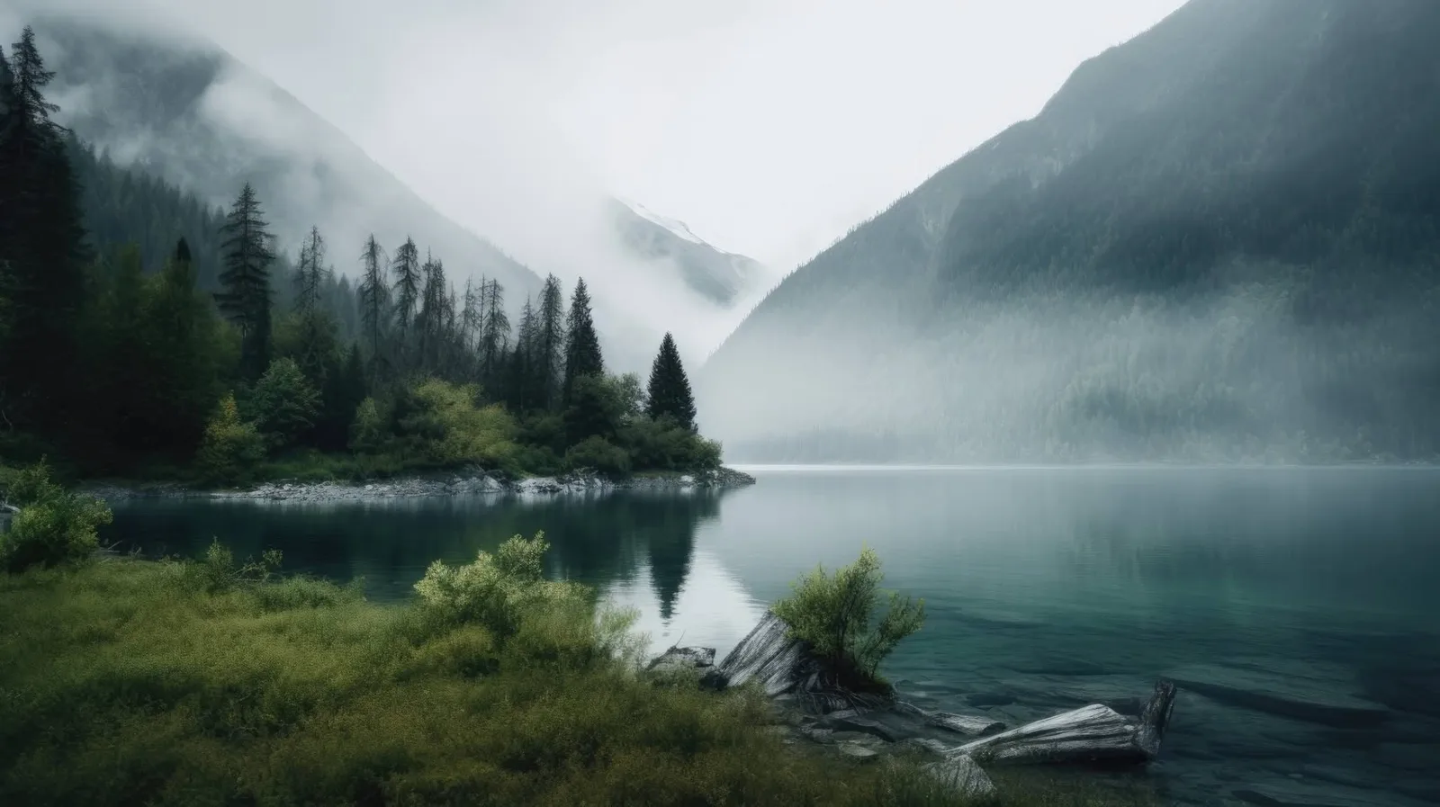 A misty mountain lake with still turquoise water, framed by evergreen forest, green shoreline brush and weathered driftwood, with fog-shrouded peaks beyond.