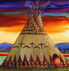 Painting of a decorated tipi with red and black designs, circles and bird figures, poles rising against a vivid sunset sky in red, orange and purple above blue mountains.