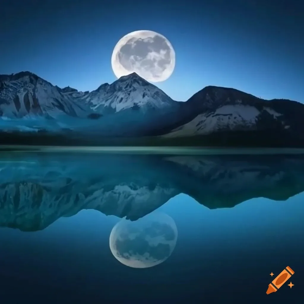 A full moon rises over snow-capped mountains at night, with the moon and peaks mirrored in a still blue lake below.