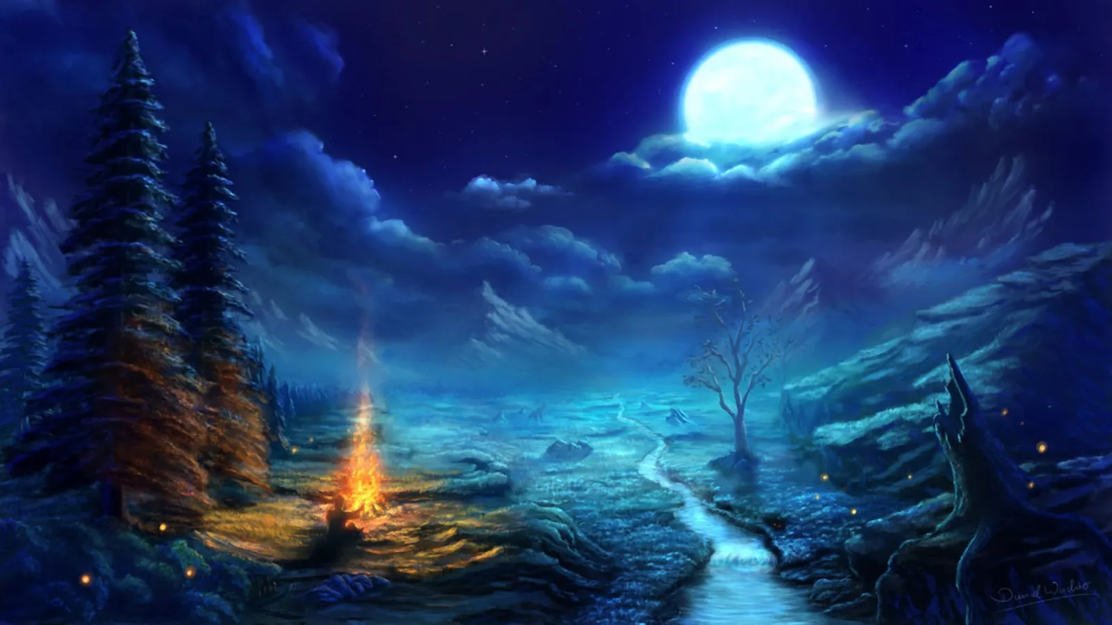 Painting of a night landscape: a full moon glows above clouds and mountains as a figure sits by a campfire near tall pines, beside a stream winding through a moonlit meadow.