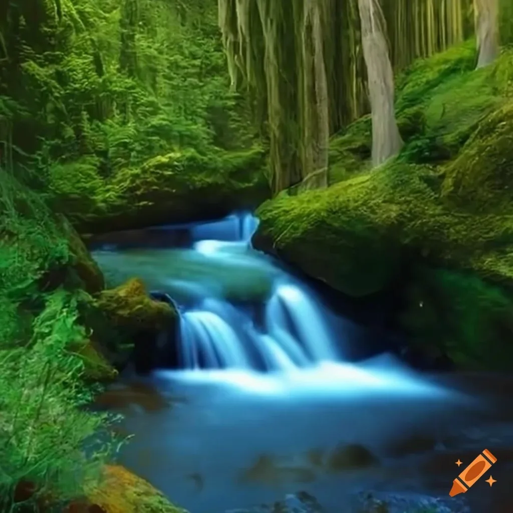 A clear stream cascades over small falls between moss-covered banks in a lush green forest of tall trees.