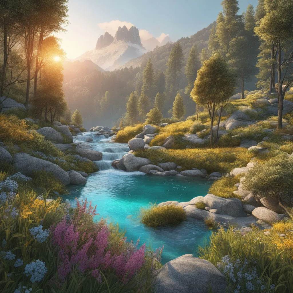 A turquoise mountain stream flows over small falls and smooth boulders, framed by wildflowers and pine trees, with the sun setting beside jagged mountain peaks.