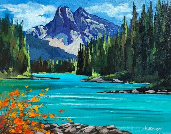 Painting of a turquoise mountain lake framed by tall evergreens, with a snow-streaked peak under a blue sky and orange autumn leaves in the foreground. Signed Hudson.