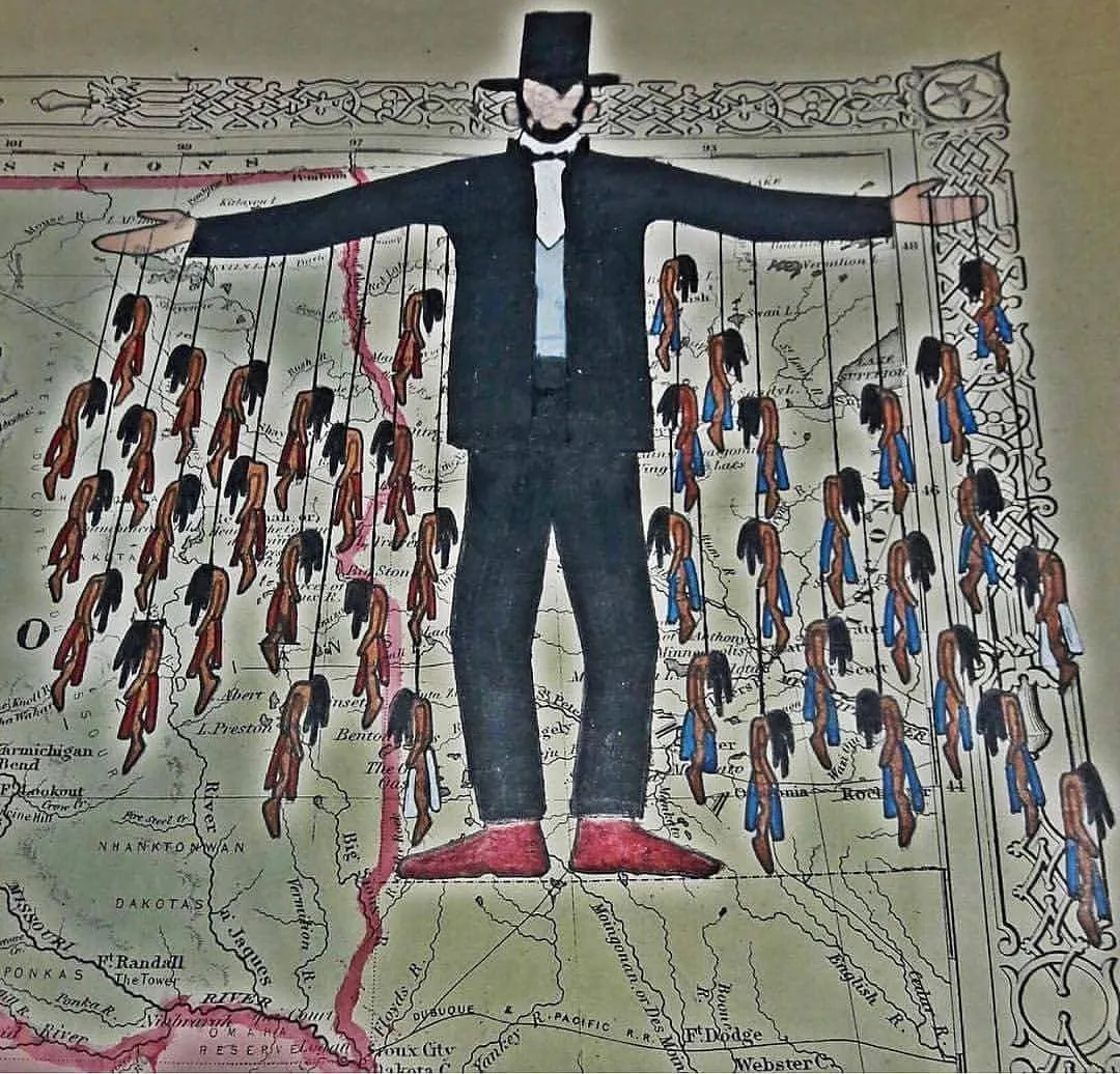 Artwork on an old map of the Dakota and Minnesota region: a tall figure in a black suit and stovepipe hat stands with arms outstretched, many small hanged figures dangling on strings from his arms.