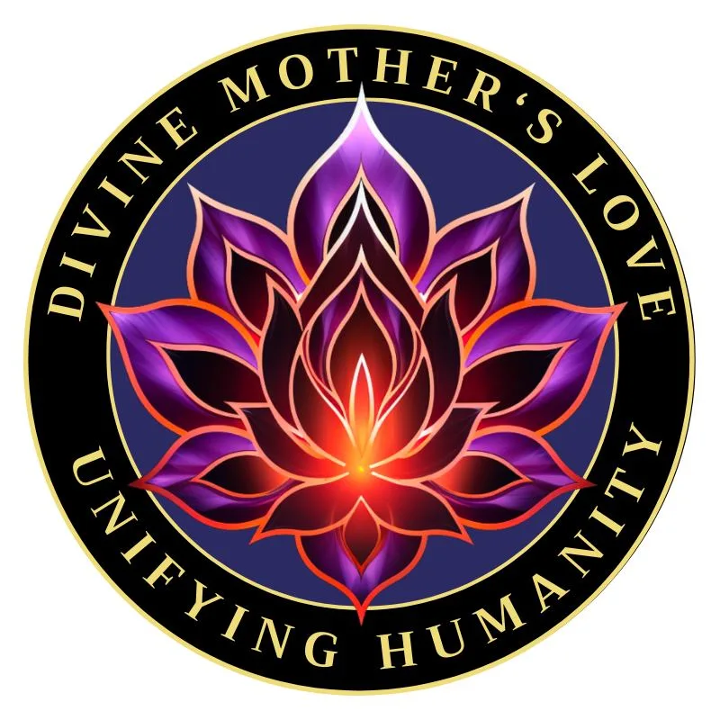 Circular emblem with a glowing purple and orange lotus flower on a deep blue background, ringed by gold text reading "Divine Mother's Love" and "Unifying Humanity."