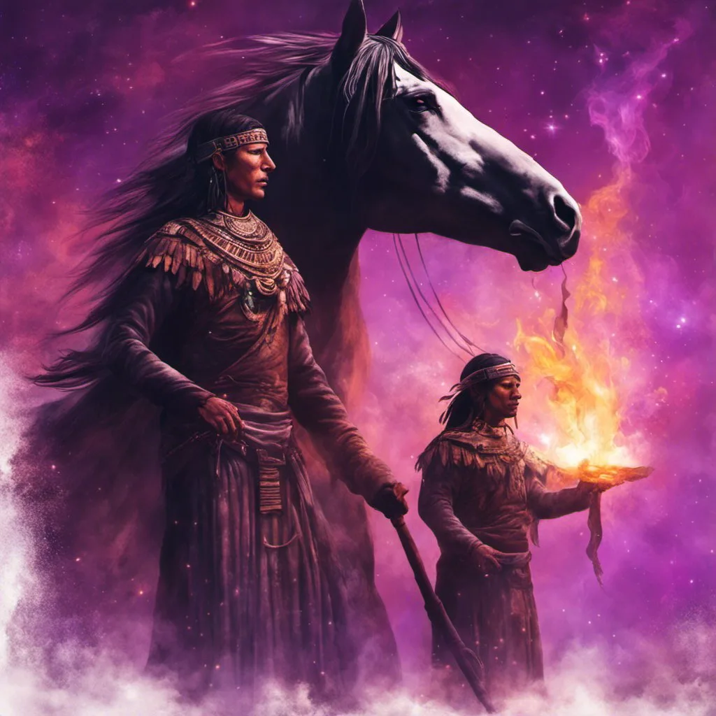 Painting of two Indigenous men in fringed regalia and headbands before a large black horse against a purple starry sky; one holds a staff, the other a flame in his palm.