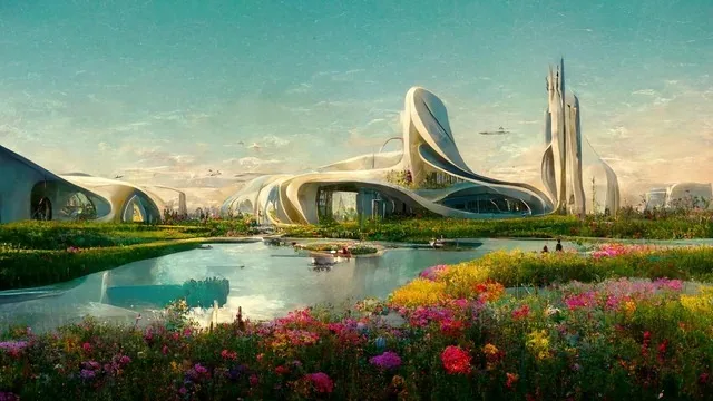 A futuristic city of flowing white curved buildings and tall spires beside a calm lake, with colorful wildflowers blooming in the foreground under a soft sky.