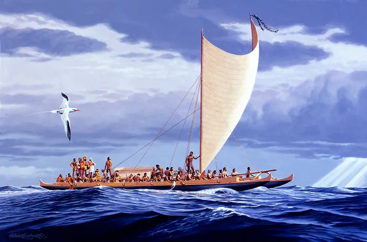 Painting of a large double-hulled voyaging canoe with a tall crab-claw sail, crowded with people, crossing deep blue ocean swells under stormy clouds as a white seabird flies nearby.
