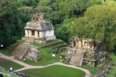 Ancient Maya stone temples with stepped pyramid bases at Palenque, set on green lawns and surrounded by dense tropical forest.
