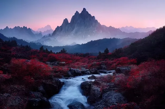 Paisaje montañoso al crepúsculo: un arroyo corre entre rocas y arbustos rojos, con un pico escarpado entre la bruma bajo un cielo rosado y violeta.
