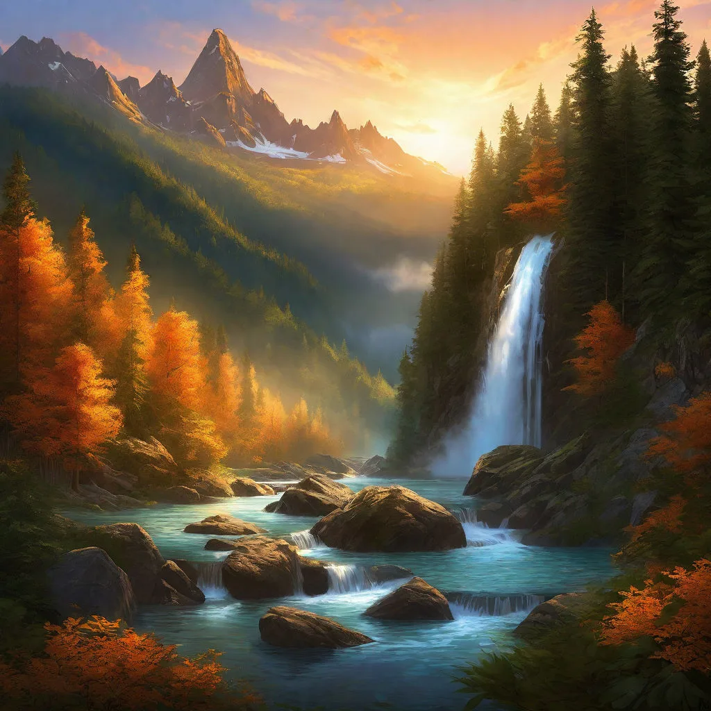 Pintura de un río de montaña turquesa entre rocas, con una cascada a la derecha, árboles de otoño anaranjados y picos nevados bajo un cielo dorado al amanecer.