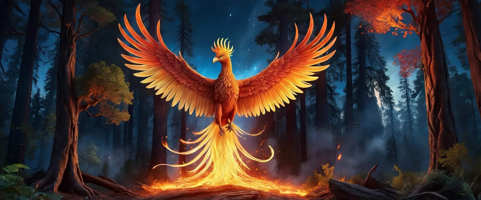 A fiery phoenix with wings spread wide rises from flames on the floor of a dark forest beneath a starry night sky.