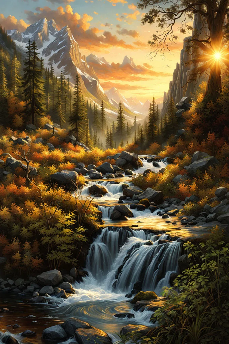 Painting of a mountain stream cascading over rocks in small waterfalls, framed by autumn foliage and pines, with snowy peaks and a glowing sunset behind.