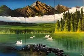 Painting of a calm green lake with white swans swimming near dark rocks, framed by evergreen trees, low clouds and rugged mountain peaks under a blue sky.