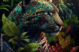 Digital artwork of a jaguar in profile with green eyes, its spotted coat patterned in teal and red, surrounded by lush jungle leaves and flowers.