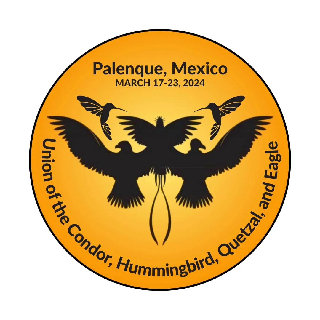 Circular orange emblem with black silhouettes of two condors or eagles, two hummingbirds and a quetzal, reading "Palenque, Mexico, March 17-23, 2024" and "Union of the Condor, Hummingbird, Quetzal, and Eagle."