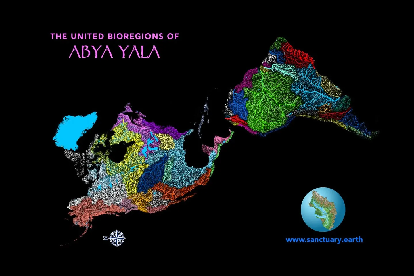 Map titled The United Bioregions of Abya Yala showing North and South America on a black background, divided into brightly colored watershed regions traced by river networks.