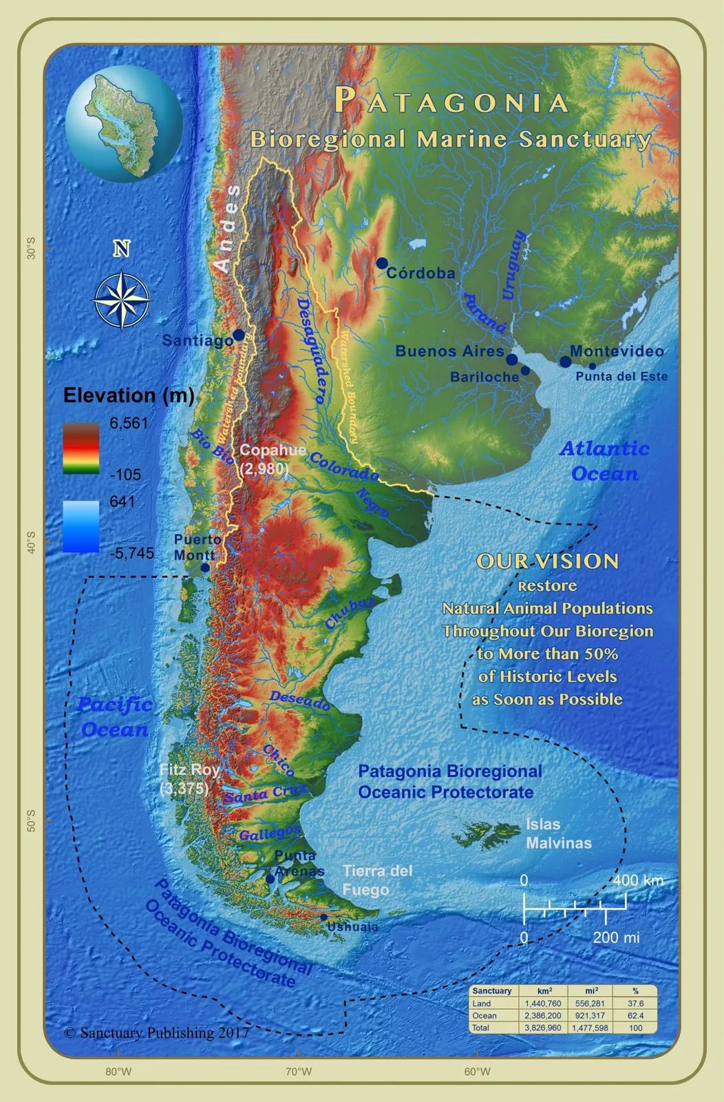 Relief map of the Patagonia Bioregional Marine Sanctuary across Chile and Argentina, with rivers, cities and an ocean protectorate, and a vision to restore animal populations to over 50% of historic levels.